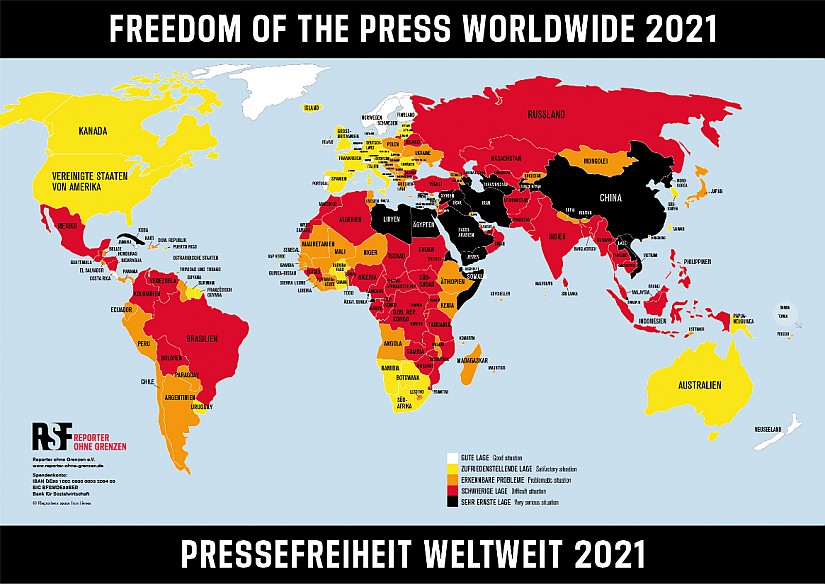 Weltkarte: Rangliste der Pressefreiheit, Quelle: Reporter ohne Grenzen