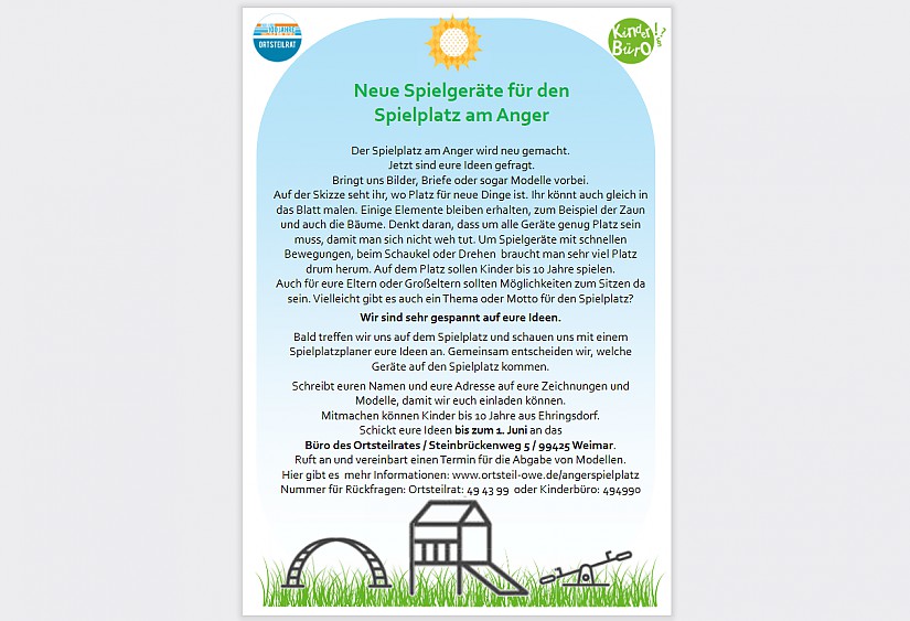 Mitmachaufruf für den Spielplatz am Ehringsdorfer Anger Mitmachaufruf für den Spielplatz am Ehringsdorfer Anger