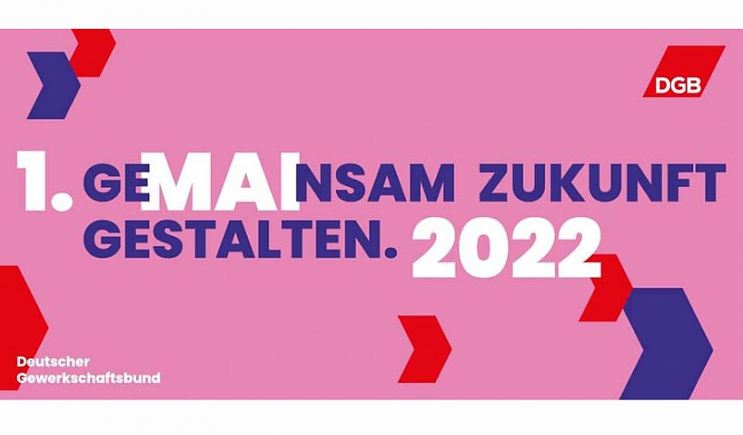 Banner: Gemeinsam Zukunft gestalten; DGB-Kundgebung zum 1. Mai Banner: Gemeinsam Zukunft gestalten; DGB-Kundgebung zum 1. Mai