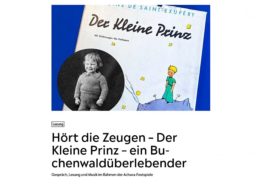 Flyer: »Hört die Zeugen – Der Kleine Prinz – ein Buchenwaldüberlebender« - Lesung mit Agnès Triebel