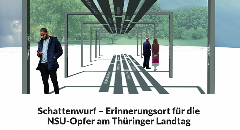 Schattenwurf – Erinnerungsort für die NSU-Opfer am Thüringer Landtag, Quelle: https://erinnern-nsu-opfer.thueringen.de/ Schattenwurf – Erinnerungsort für die NSU-Opfer am Thüringer Landtag, Quelle: https://erinnern-nsu-opfer.thueringen.de/