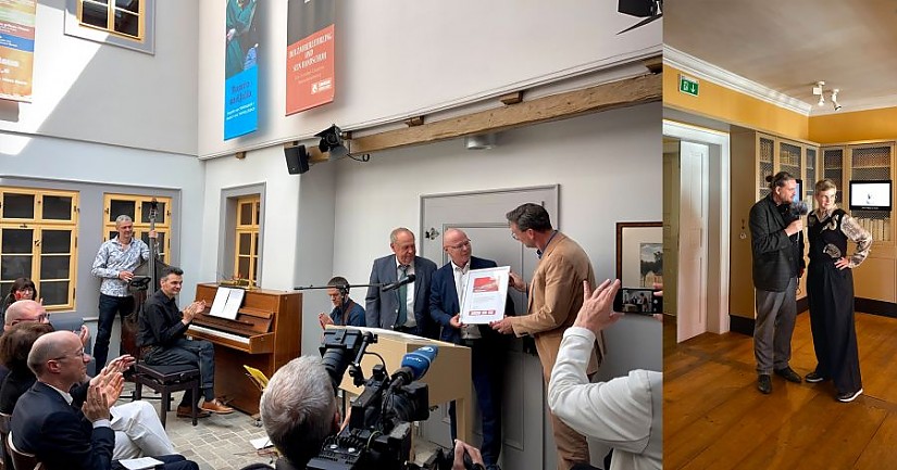Jörg Klinge, Geschäftsführer Sparkassen-Kulturstiftung Hessen-Thüringen, überreicht den mit 25.000 Euro dotierten Museumspreis, an den Leiter des Schillerhaus Rudolstadt, Christian Hofmann. Foto: Claudia Schiffel Jörg Klinge, Geschäftsführer Sparkassen-Kulturstiftung Hessen-Thüringen, überreicht den mit 25.000 Euro dotierten Museumspreis, an den Leiter des Schillerhaus Rudolstadt, Christian Hofmann. Foto: Claudia Schiffel