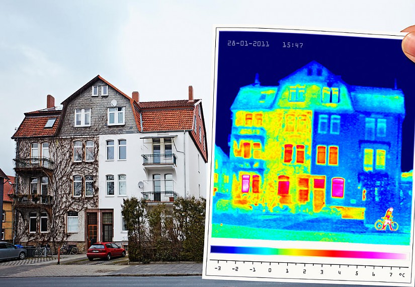 Eine Thermografieaufnahme stellt in roten Farben dar, wo ein Haus Wärme verliert, Foto: DBU   