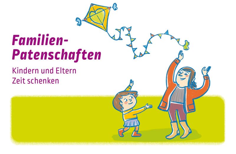 Banner: Familienpatenschaften. Kindern und Eltern Zeit schenken. (Grafik: Rosa Linke)