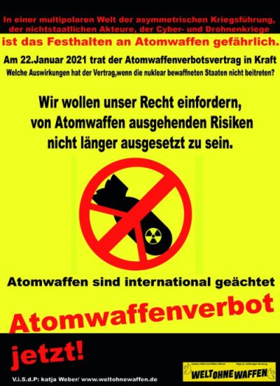 Flyer: Welt ohne Waffen informiert über Atomwaffenverbotsvertrag 