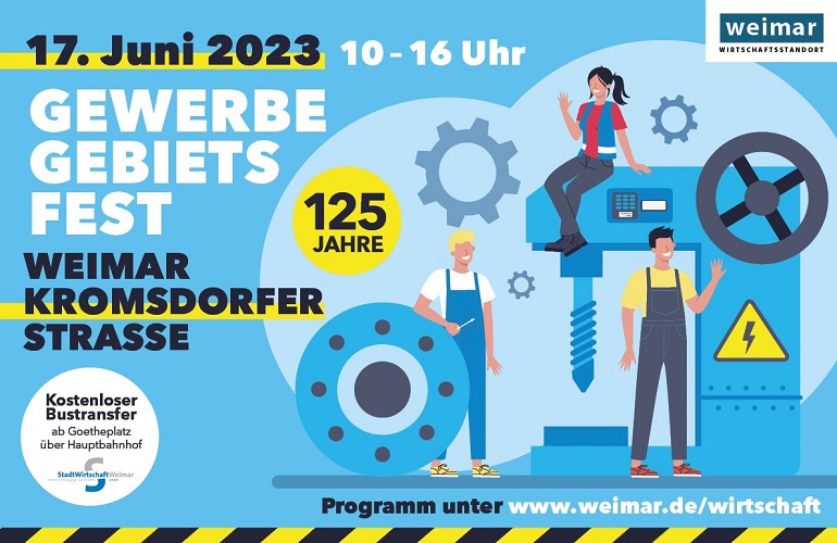 Flyer: Gewerbegebietsfest Kromsdorfer Straße (Quelle: Stadt Weimar)  Flyer: Gewerbegebietsfest Kromsdorfer Straße (Quelle: Stadt Weimar)