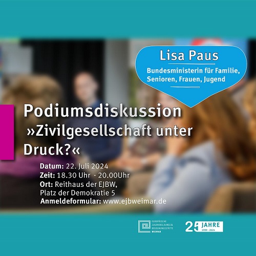 Flyer: Podiumsdiskussion: "Zivilgesellschaft unter Druck?", am 22. Juli, von 18:30 bis 20:00 Uhr im Reithaus  Flyer: Podiumsdiskussion: "Zivilgesellschaft unter Druck?", am 22. Juli, von 18:30 bis 20:00 Uhr im Reithaus