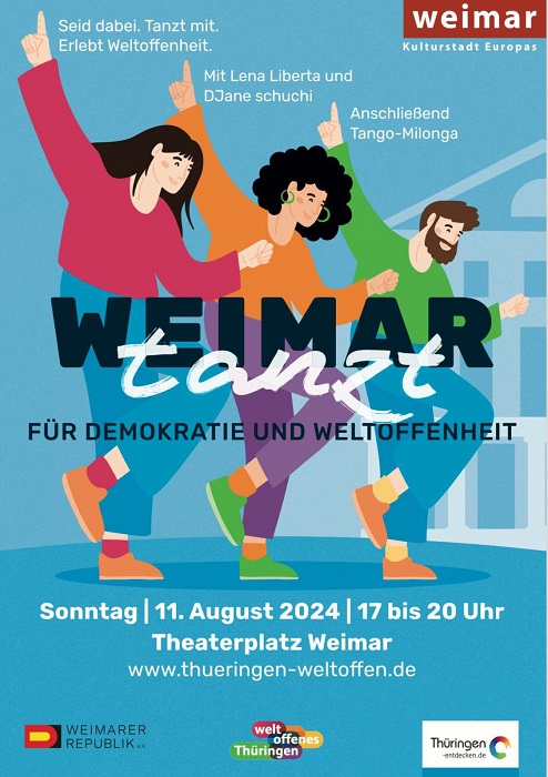 Plakat: "Weimar tanzt", Sonntag, der 11. August, von 17 bis 20 Uhr auf dem Theaterplatz