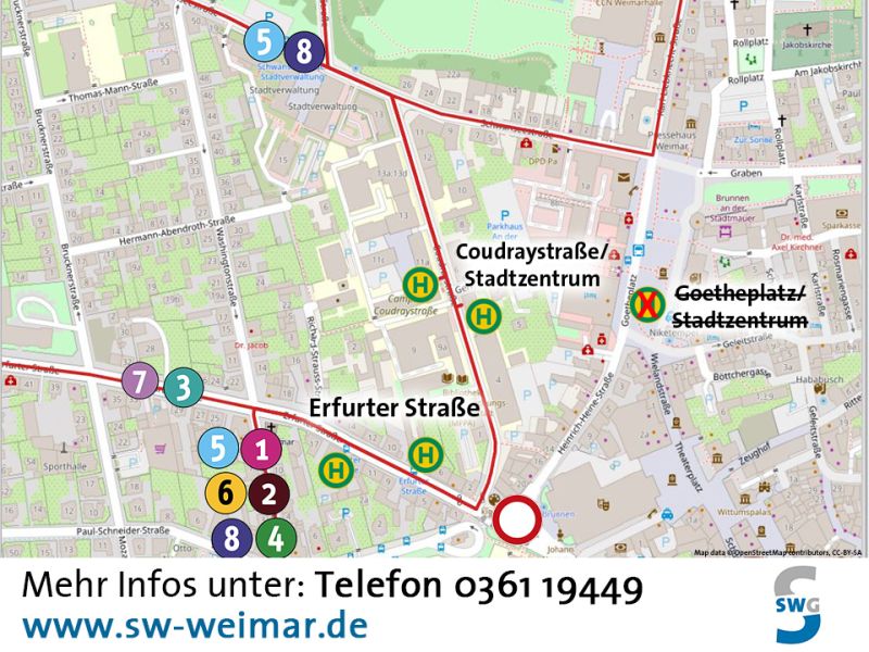 Markierungsarbeiten Sophienstiftsplatz: Karte der Bus-Umleitungen ( erstellt von Sindy Laue)  